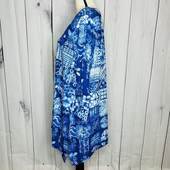 Tango Mango Blue Patterned 3/4 Sleeve V-Neck Tunic Blouse Women's Sz L India - Picture 6 of 11